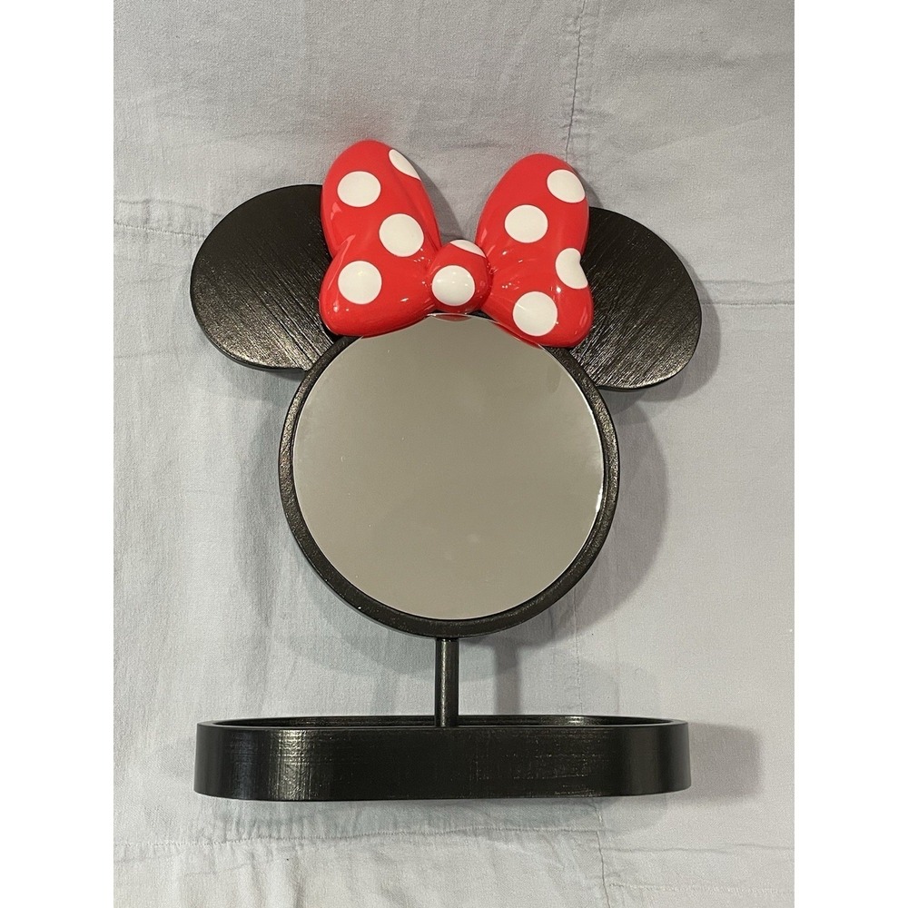 NEW Walt Disney Parks Wooden Minnie Mouse Head Shaped Mirror & Trinket Holder